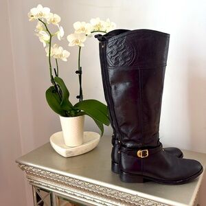 Tory Burch Black Over the Knee Boots with Gold Buckle